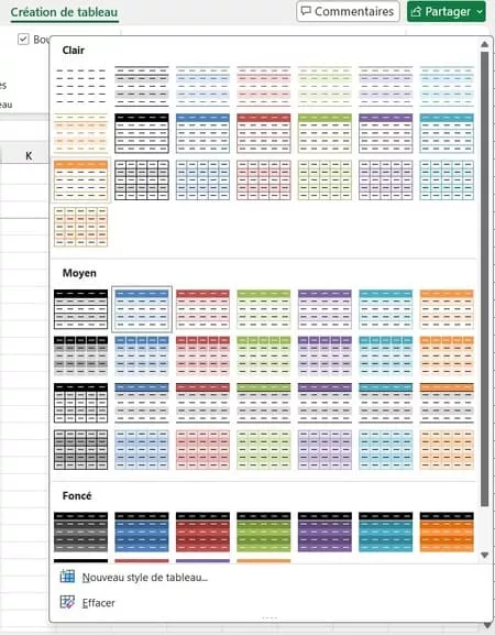 Galerie des styles de tableau disponibles dans l'onglet Création de tableau Excel