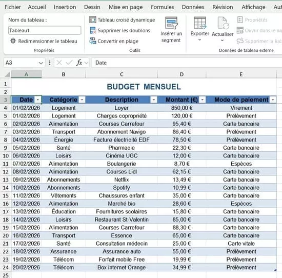 Tableau Excel finalisé avec en-têtes bleus, filtres actifs et mise en forme automatique