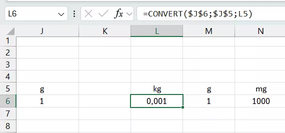 Exemple de tableau de conversion des masses dynamique dans Excel